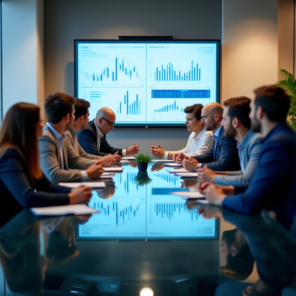 Equipo de consultores financieros discutiendo estrategias en una moderna oficina con vistas a la ciudad.